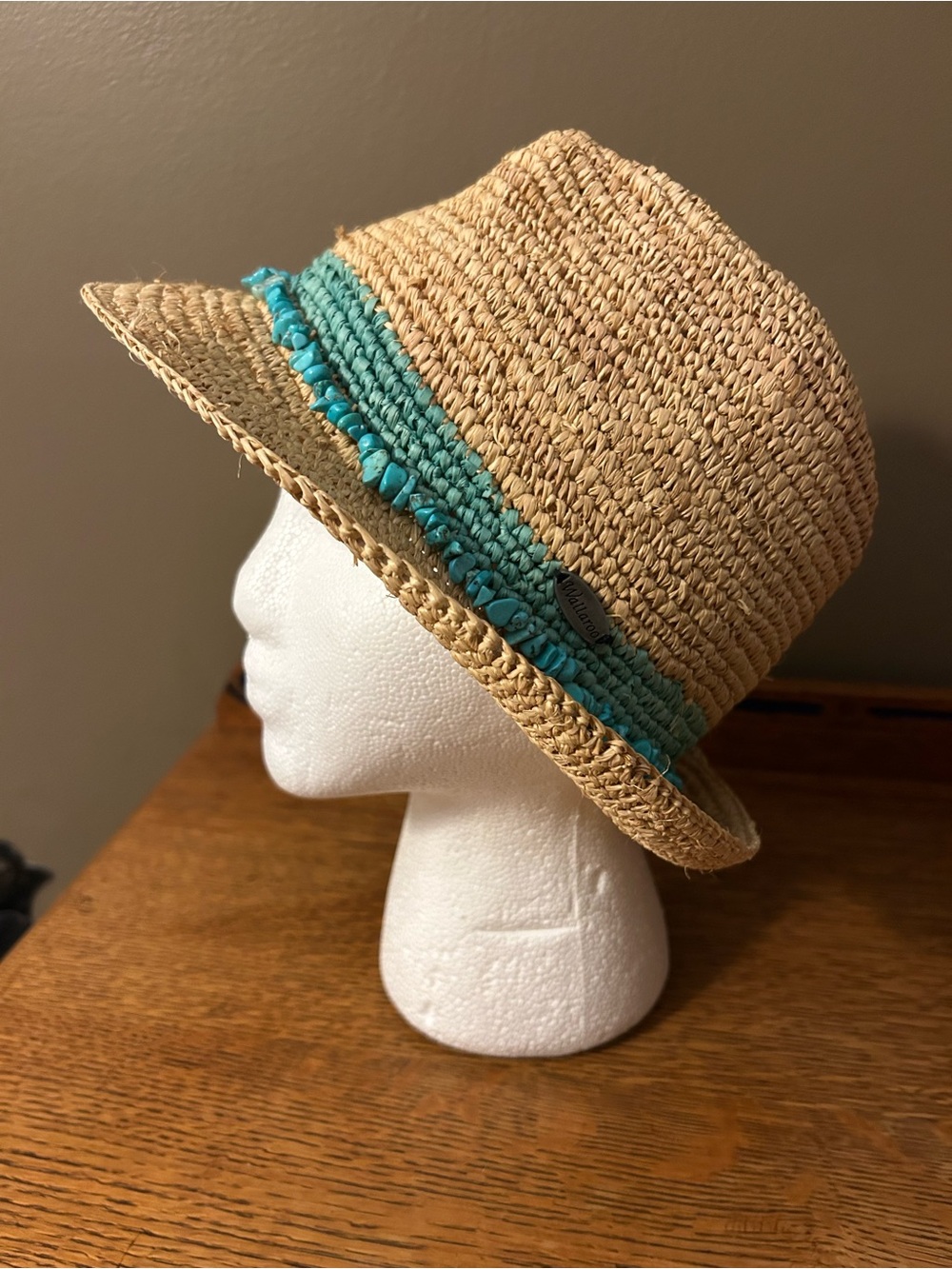 Straw Fedora Hat with Turquoise Trim